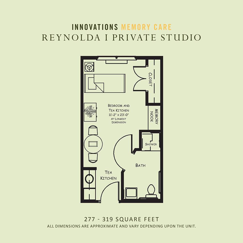 Floor plan of a Reynolda I private studio, showcasing a compact and efficient living space design.