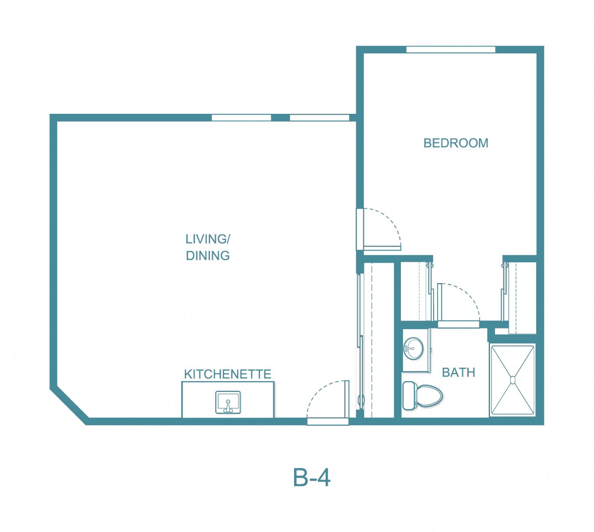 A one-bedroom apartment floor plan with a combined living and dining area, bedroom, and bathroom.