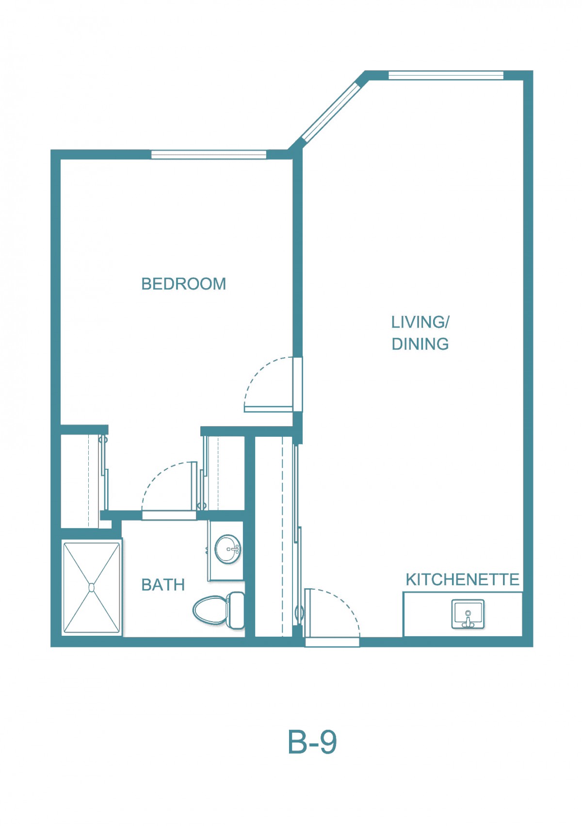 A floor plan of a small apartment featuring a bedroom, bathroom, living/dining area, and kitchenette.