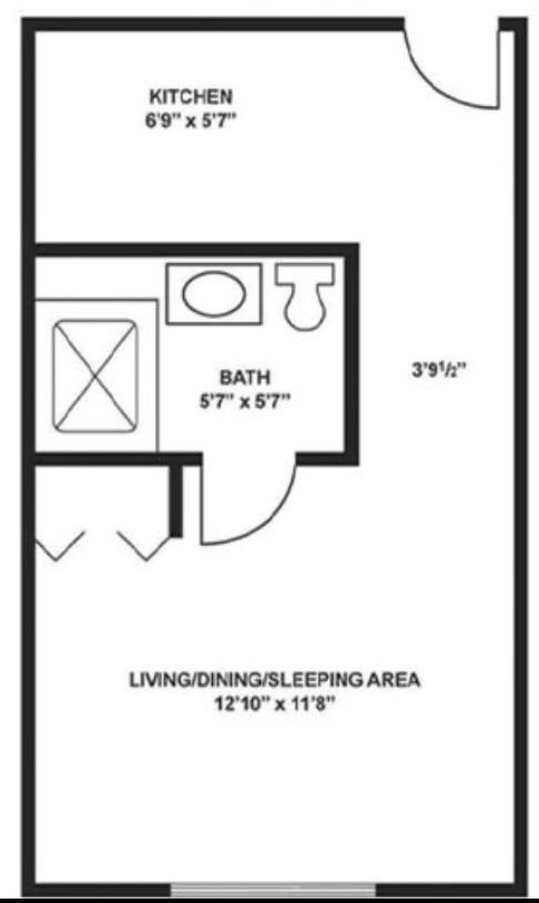 A simple studio apartment floor plan featuring a combined living, dining, and sleeping area with an attached bathroom.