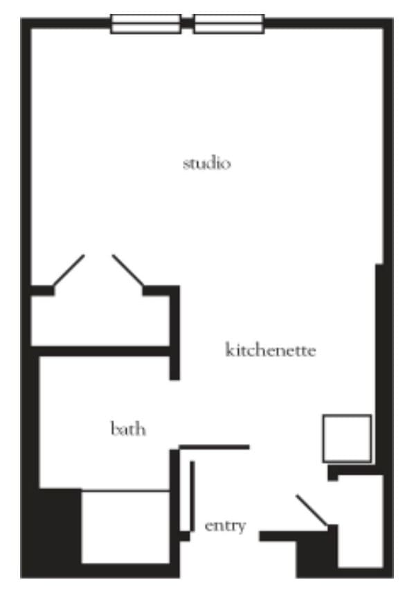 A simple floor plan of a studio apartment with a kitchenette and bathroom.