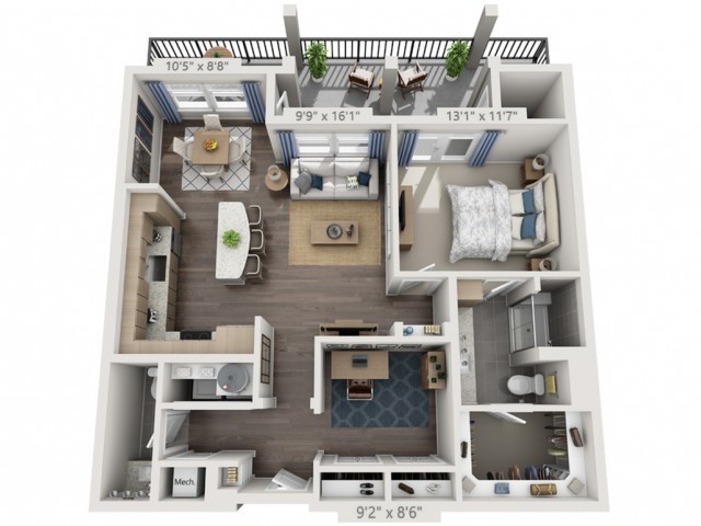 A detailed floor plan of a modern apartment featuring a living room, kitchen, dining area, bedroom, and balcony.