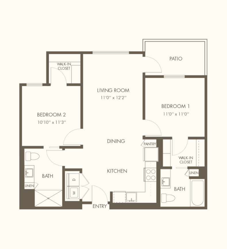A floor plan of a two-bedroom apartment featuring a living room, kitchen, bathroom, and balcony.