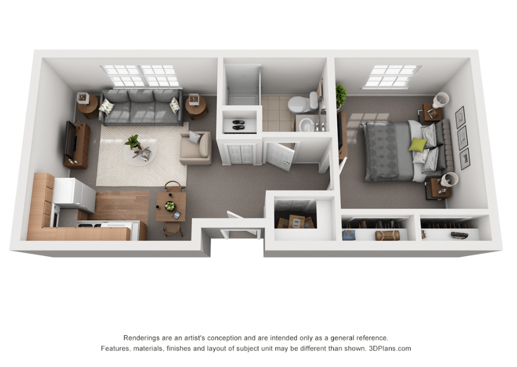 A 3D rendered floor plan of a one-bedroom apartment featuring a living room, kitchen, bathroom, and bedroom.