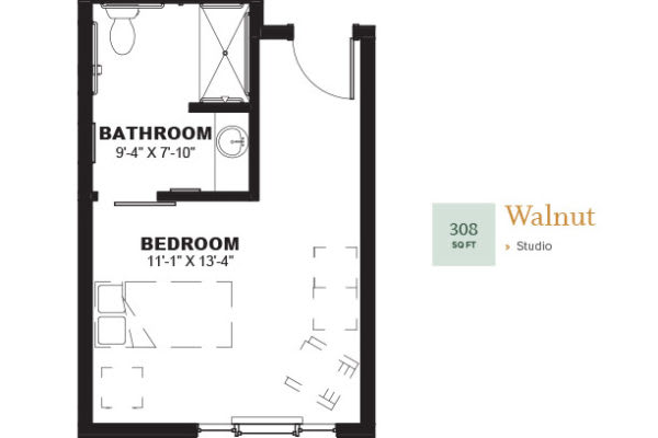 Floor plan showing a bedroom and bathroom layout with dimensions.