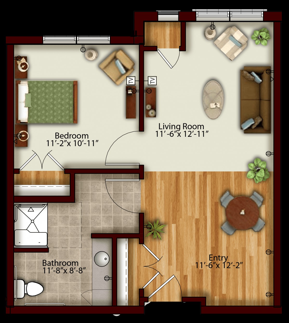 A floor plan of a one-bedroom apartment featuring a living room, kitchen, and bathroom layout.