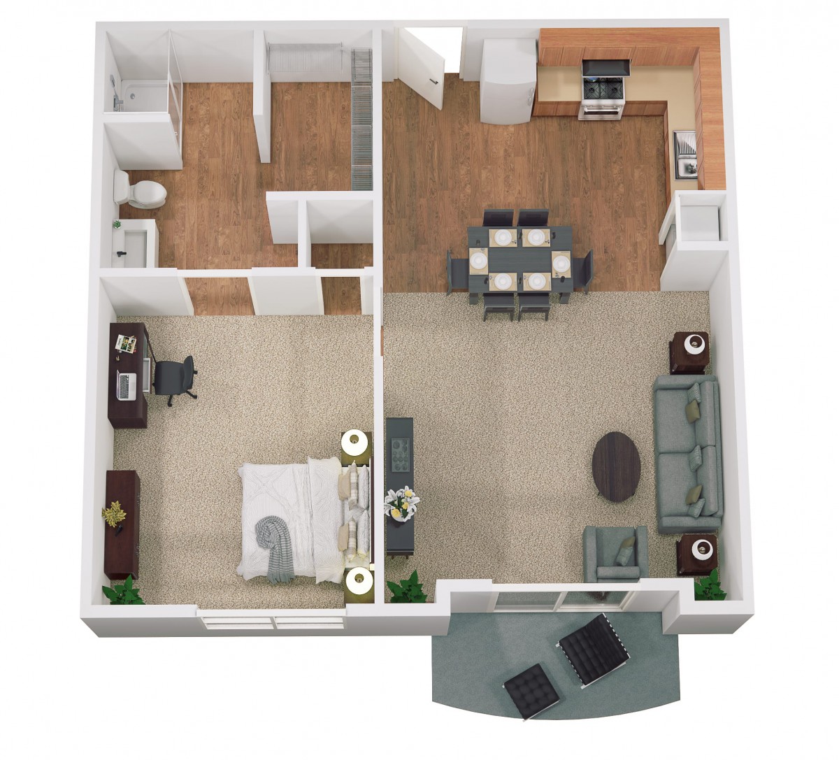 A 3D floor plan of a one-bedroom apartment featuring a living room, kitchen, dining area, bathroom, and office space.