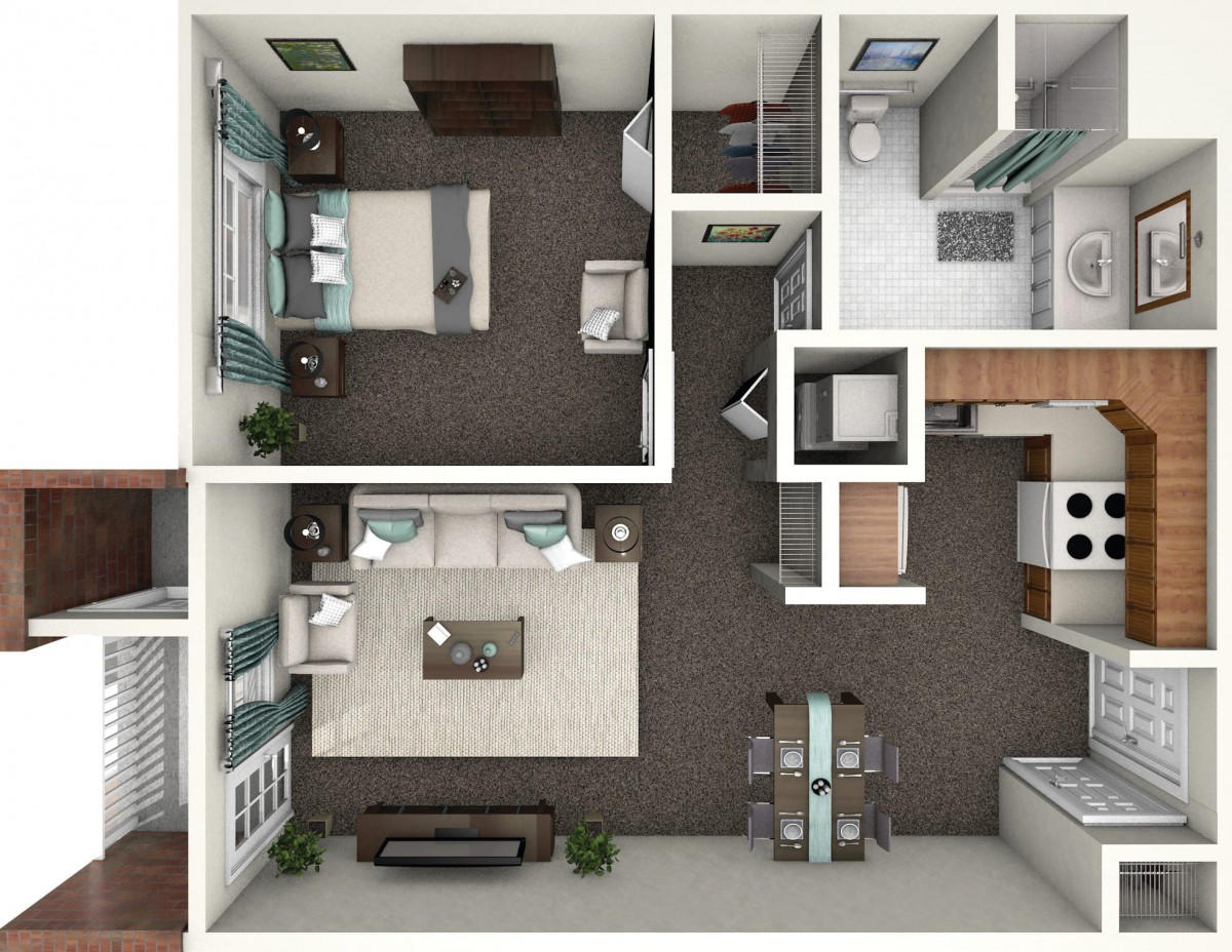 A 3D floor plan of a two-bedroom apartment showing the layout of the living room, kitchen, and bathroom.