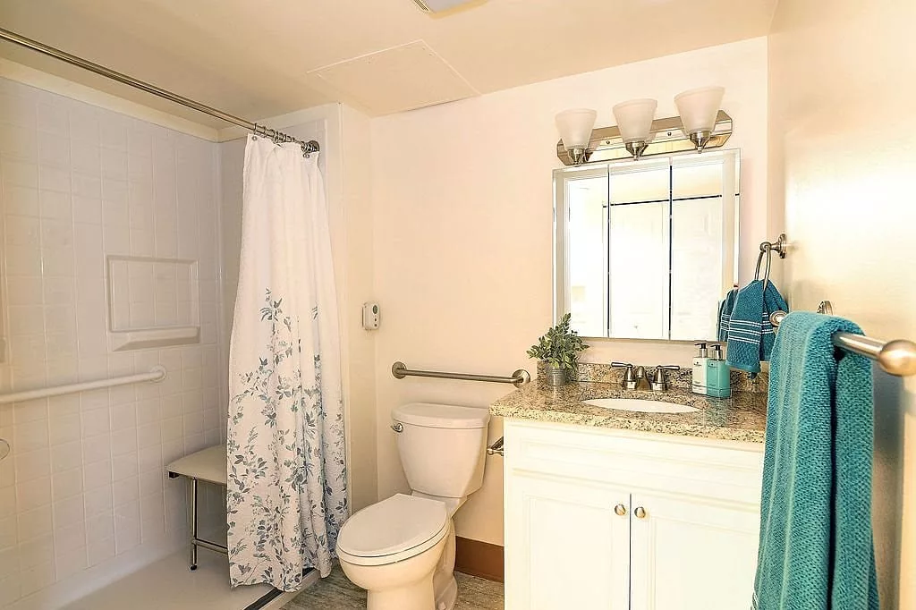 A well-lit bathroom featuring a toilet, sink with a mirror above, and a shower with a decorative curtain.