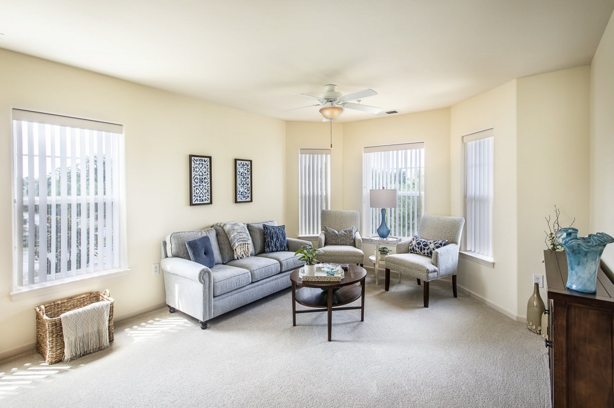 A cozy and well-lit living room with comfortable furniture and elegant decor.