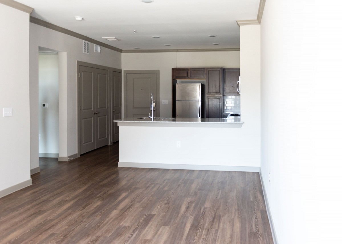 Modern apartment with an open kitchen and living area featuring hardwood floors and stainless steel appliances.