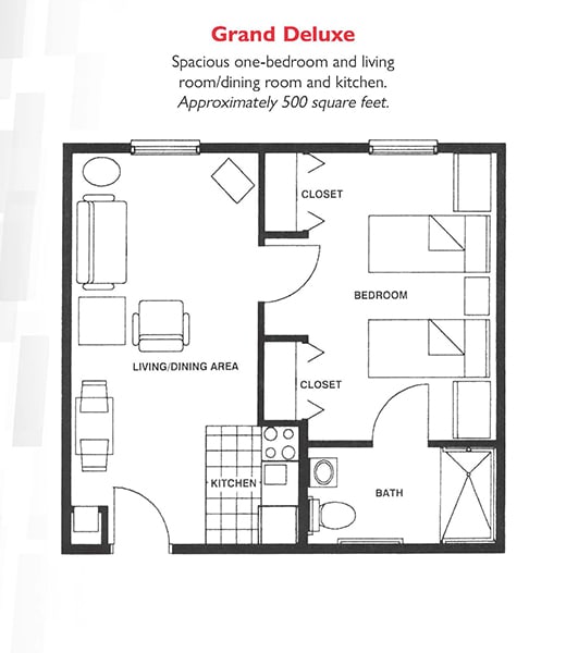 A floor plan of a spacious one-bedroom apartment, featuring a living room, kitchen, and closet in approximately 500 square feet.
