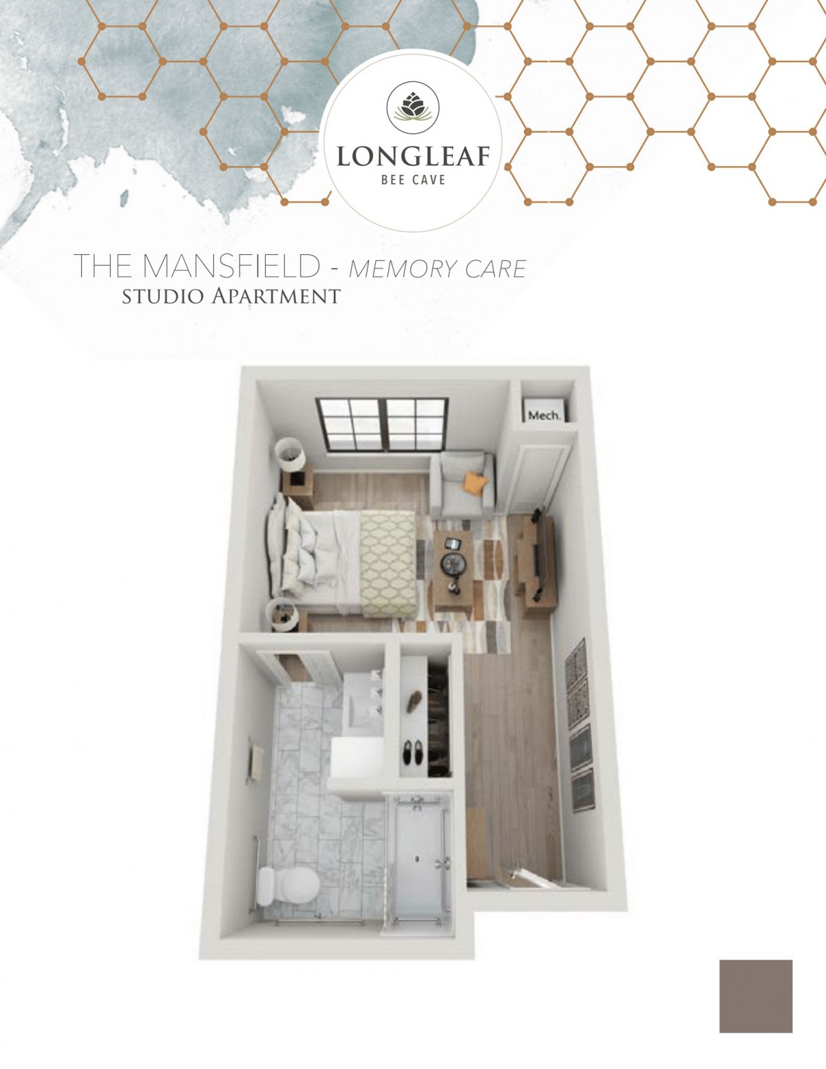 3D floor plan of a studio apartment named 'The Mansfield' at Longleaf, showcasing an efficient layout with a bedroom, living area, and kitchenette.