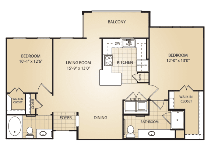 Two-bedroom apartment floor plan with a balcony.