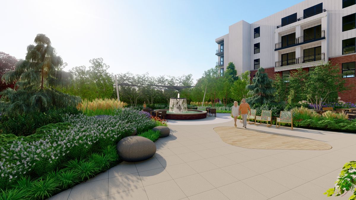 A serene garden landscape featuring a central fountain surrounded by lush vegetation and a spacious pathway.