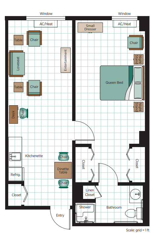 A floor plan depicting an apartment layout with a living room, bedroom, and arranged furniture.