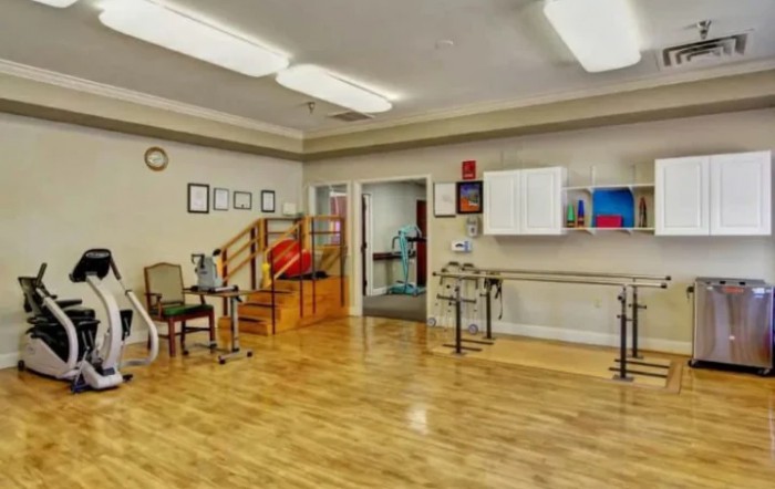 A well-equipped physical therapy room with exercise equipment and supportive tools for rehabilitation.