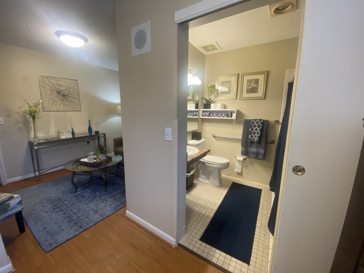 A modern interior view featuring a bathroom and living room with stylish decor.