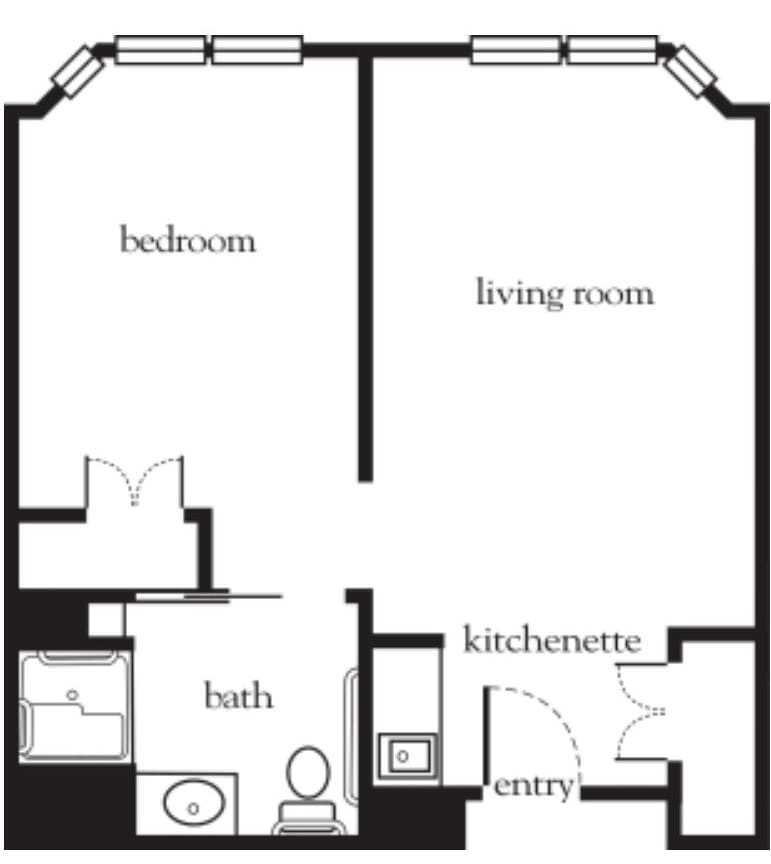 This image shows a floor plan with a living room, bedroom, bath, kitchenette, and entry.