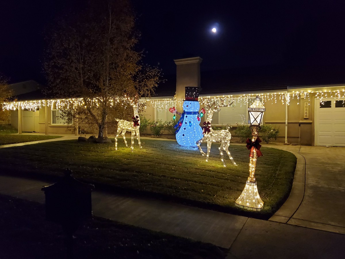 A festive yard adorned with Christmas lights, featuring illuminated reindeer and a bright blue snowman under the night sky.