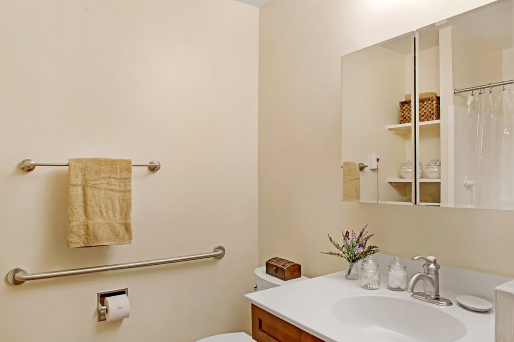 A minimalist bathroom with a sink, mirror, and neatly arranged toiletries.
