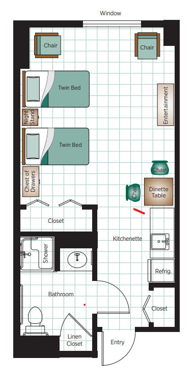 A detailed floor plan showing the layout of a bedroom and kitchen area with clearly marked furniture.