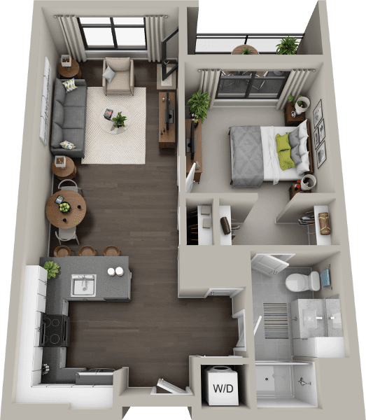 A 3D floor plan of a modern apartment with one bedroom, living area, kitchen, and bathroom.