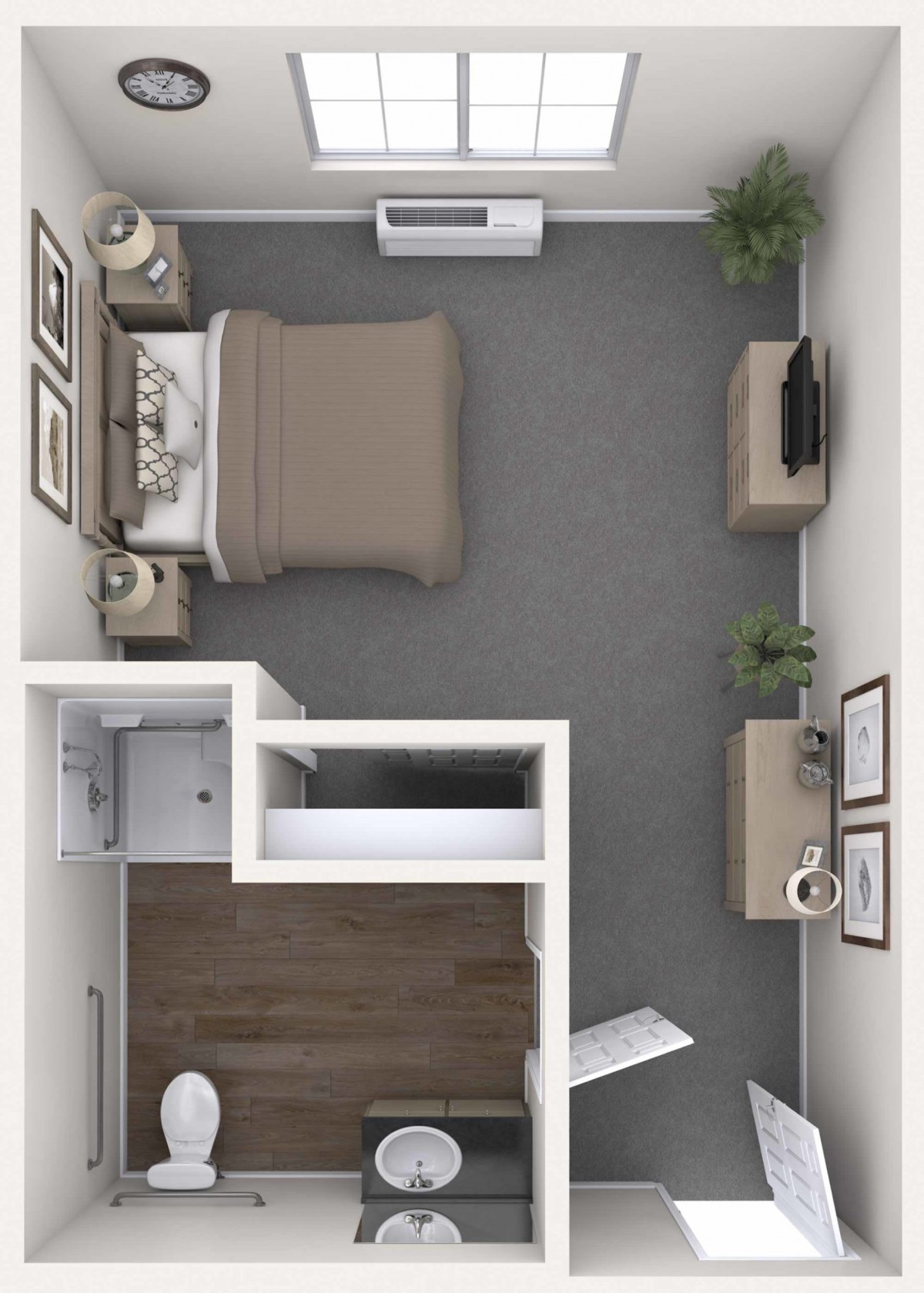 A compact bedroom layout with a bed, TV, and storage area.