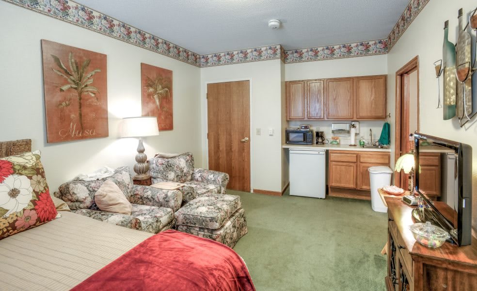A cozy living room with a kitchenette, featuring a sofa, lamp, and small appliances.