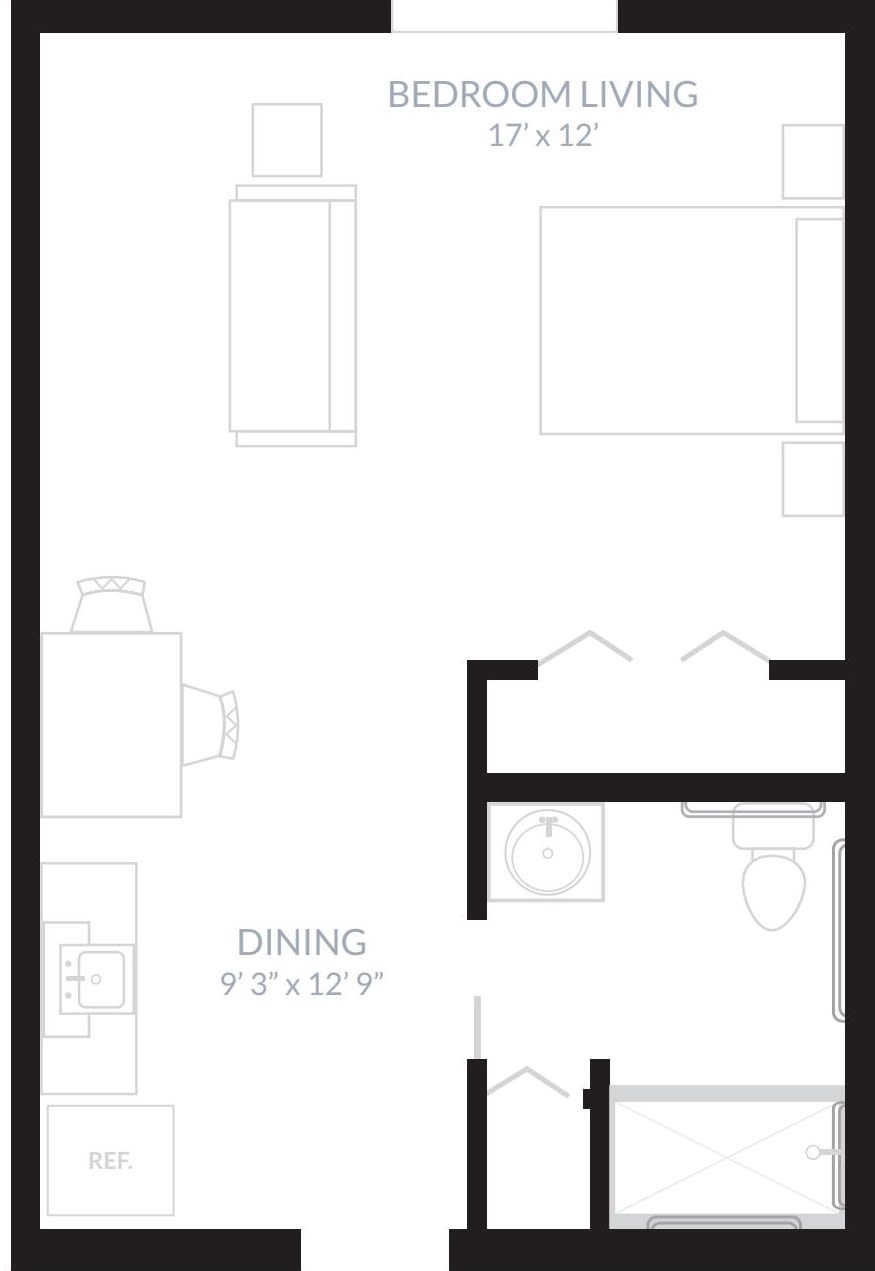 Architectural floor plan of an apartment featuring a living area, dining space, and bathroom.