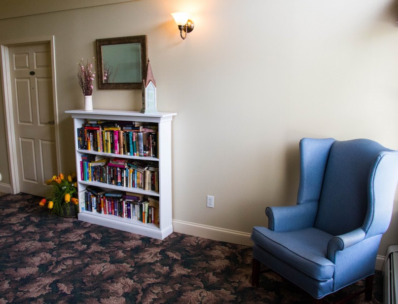 A cozy living room corner featuring a blue armchair and a small bookshelf filled with books.