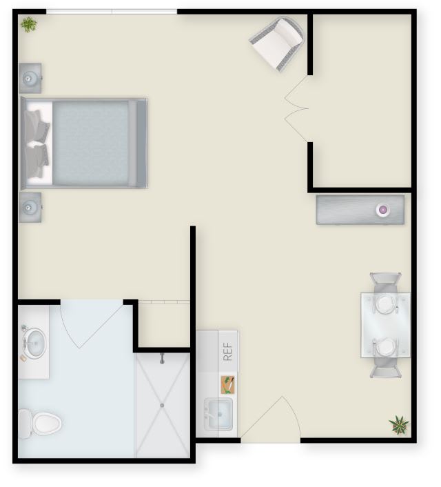 A floor plan of a one-bedroom apartment featuring a living area, kitchen, and bathroom.