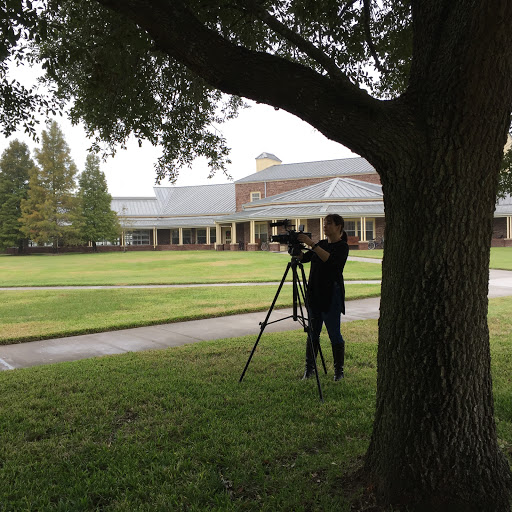 A photographer capturing footage on a school campus, framed by a tree.