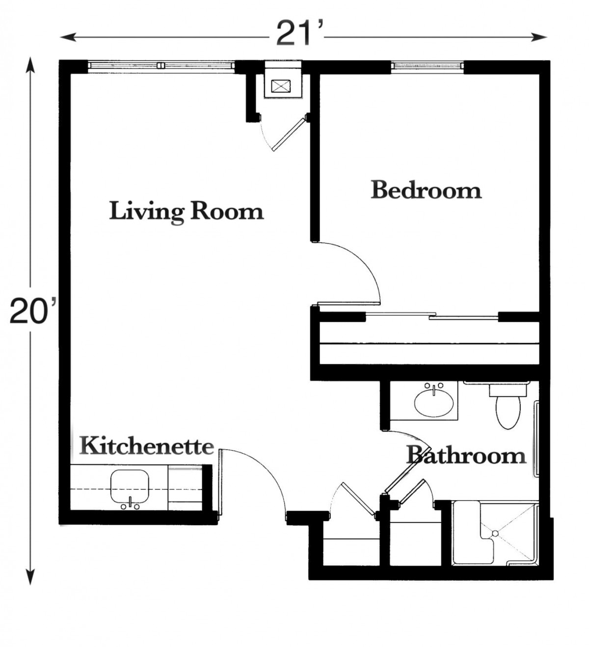 A floor plan of a small apartment featuring a living room, bedroom, kitchenette, and bathroom.