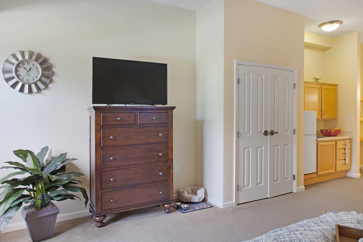 A bedroom with a wooden dresser topped by a television, next to a closed closet door.