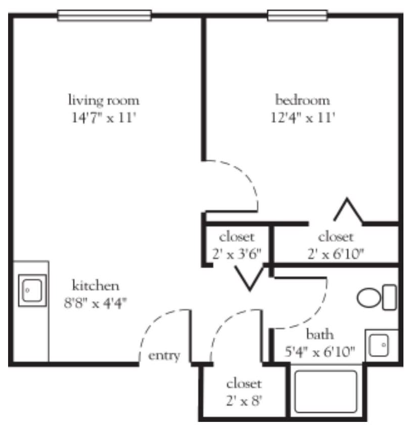 Floor plan of a one-bedroom apartment with living room, kitchen, bathroom, and closets.