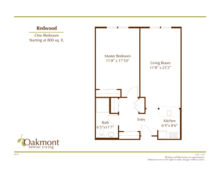 A floor plan for a one-bedroom apartment, featuring designated spaces for a kitchen, living room, and bathroom.