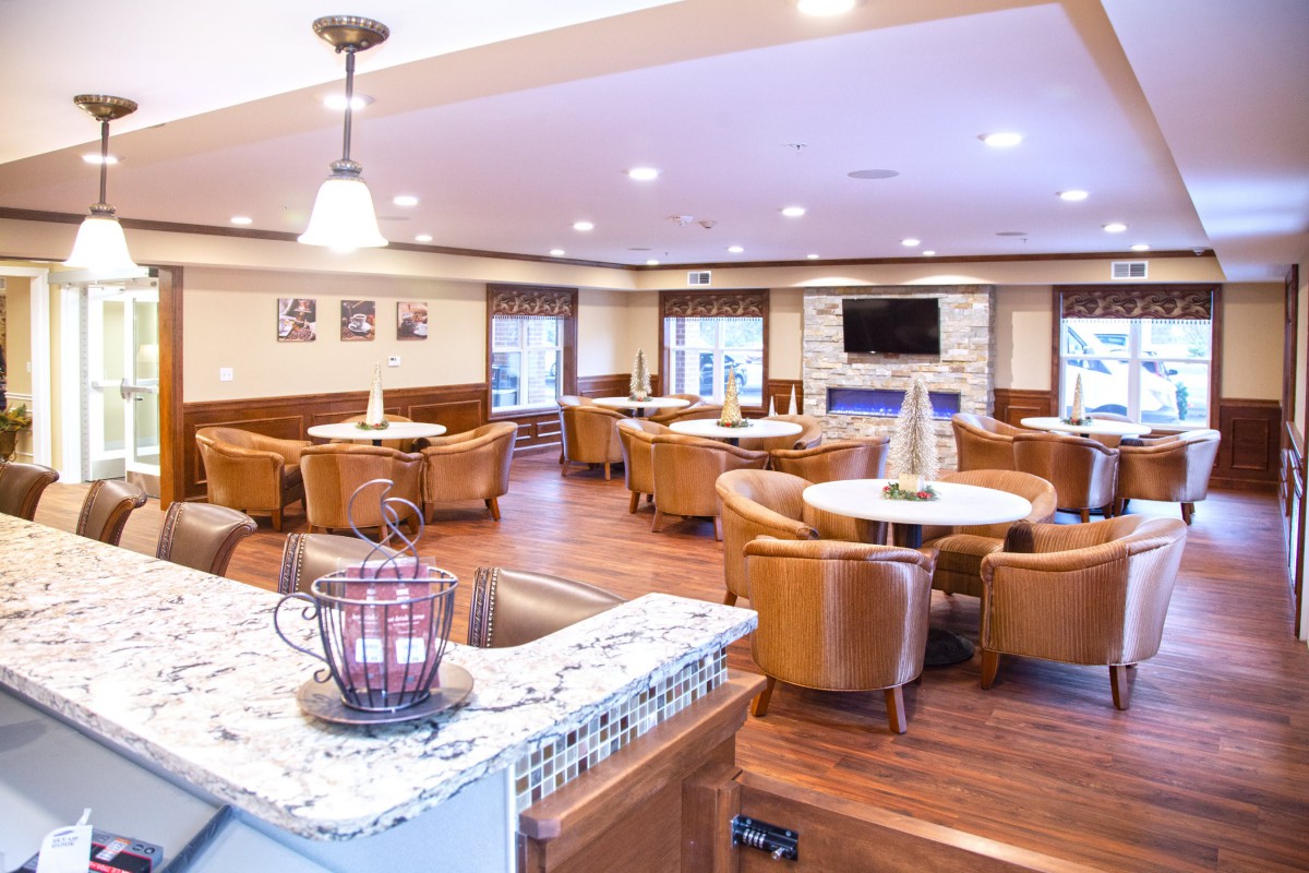 Modern restaurant lounge with elegant seating and a cozy atmosphere.