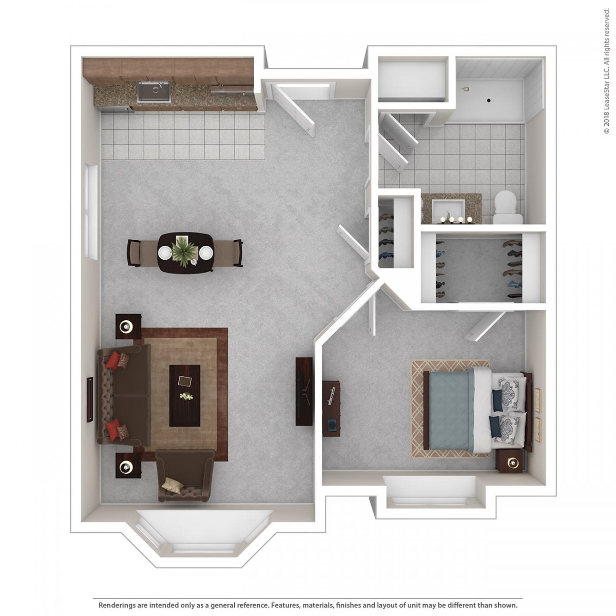 A 3D floor plan depicting a one-bedroom apartment with an open living area and kitchen.