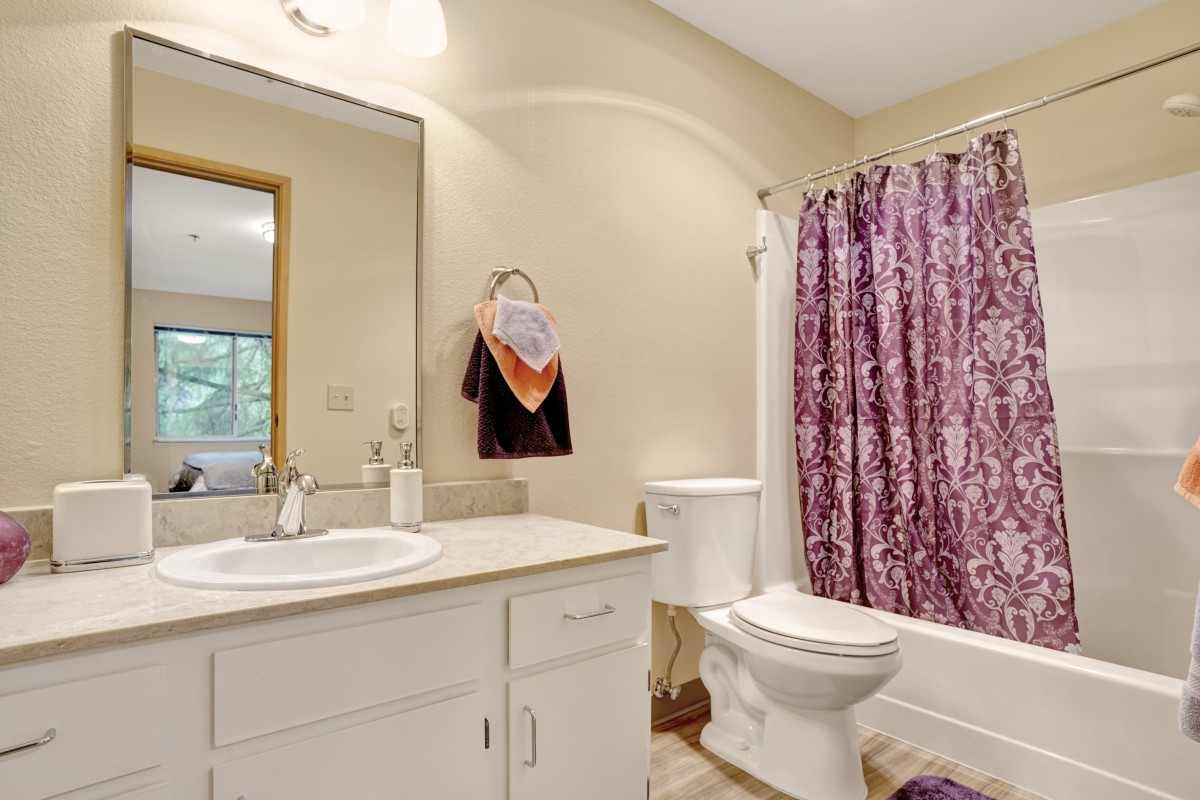 A clean bathroom featuring a sink, mirror, toilet, and a purple shower curtain.