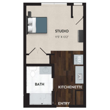 This is a floor plan of a compact studio apartment featuring an entryway, kitchenette, living/sleeping area, and bath.