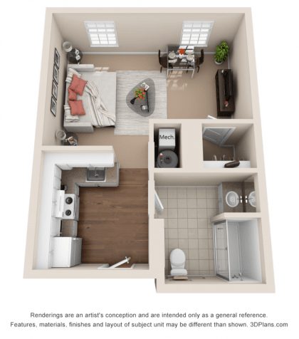 3D floor plan of a one-bedroom apartment with living room, kitchen, and bathroom.