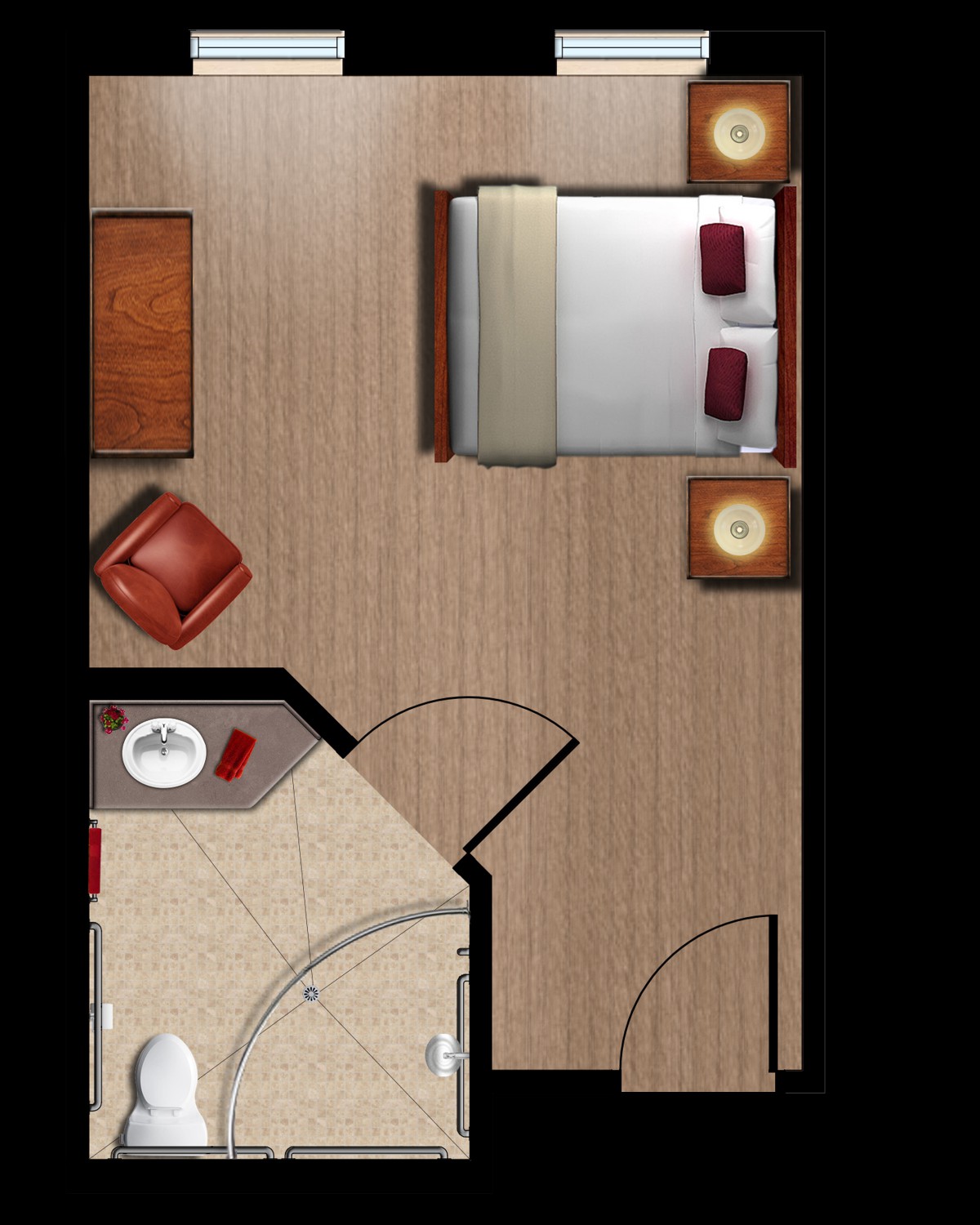 A top view of a bedroom floor plan featuring a double bed, nightstands, a chair, and an attached bathroom.