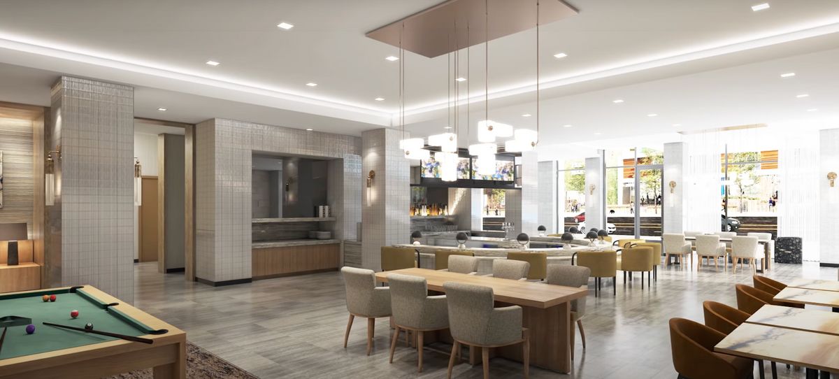 A modern kitchen and dining area with sleek design elements and contemporary furniture.