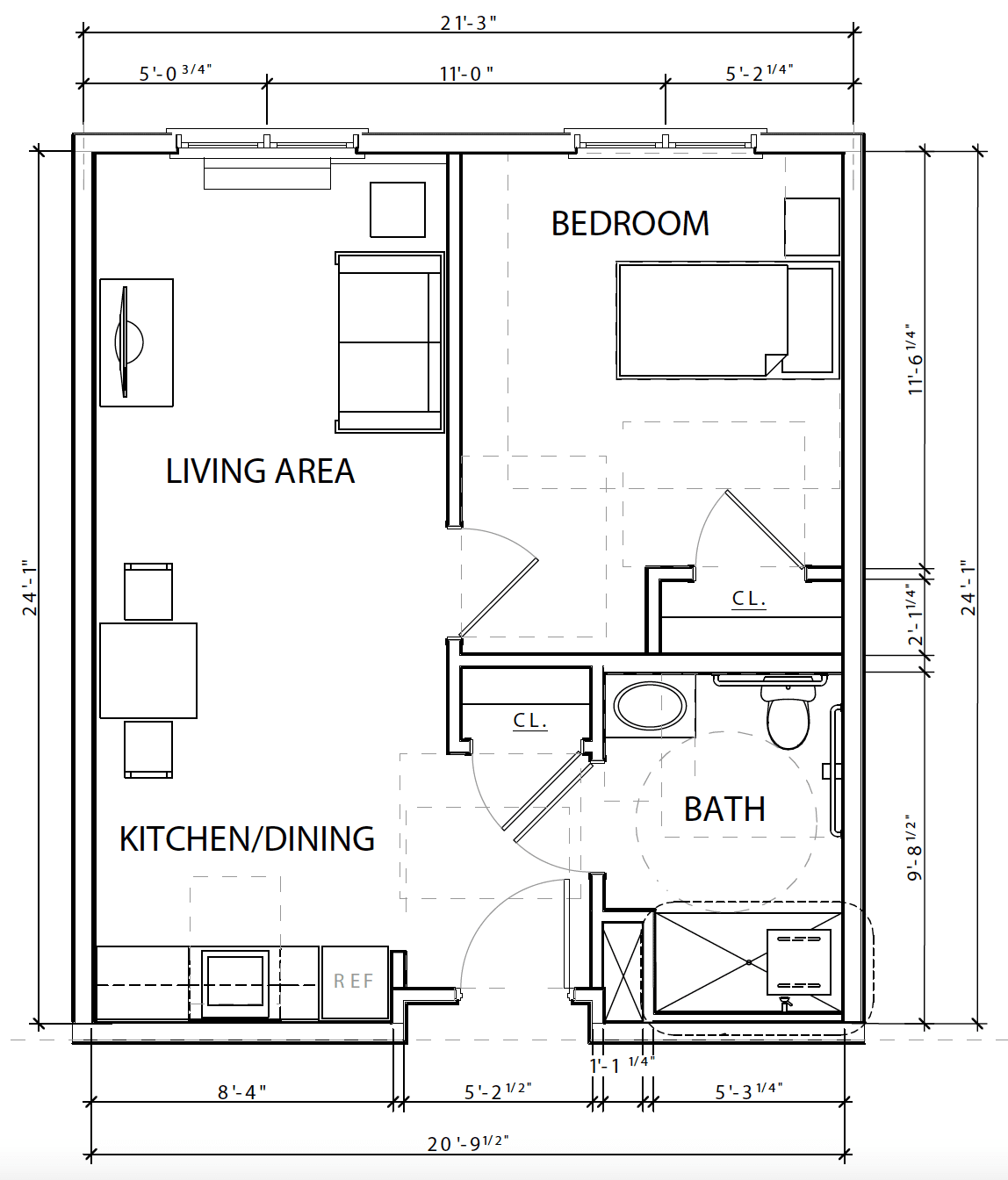 A floor plan of a one-bedroom apartment featuring a living area, kitchen/dining space, bathroom, and bedroom.