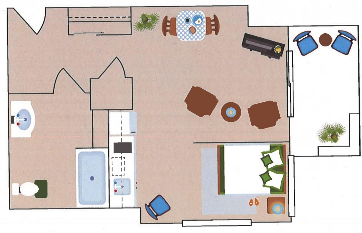 A floor plan of a one-bedroom apartment with designated areas for living, dining, kitchen, and a bathroom.