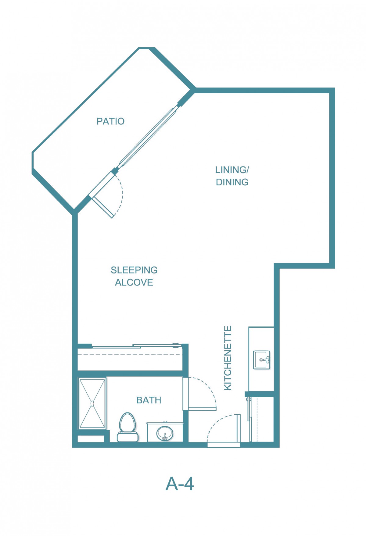 Studio apartment floor plan with designated living and sleeping areas, kitchen, bathroom, and balcony.