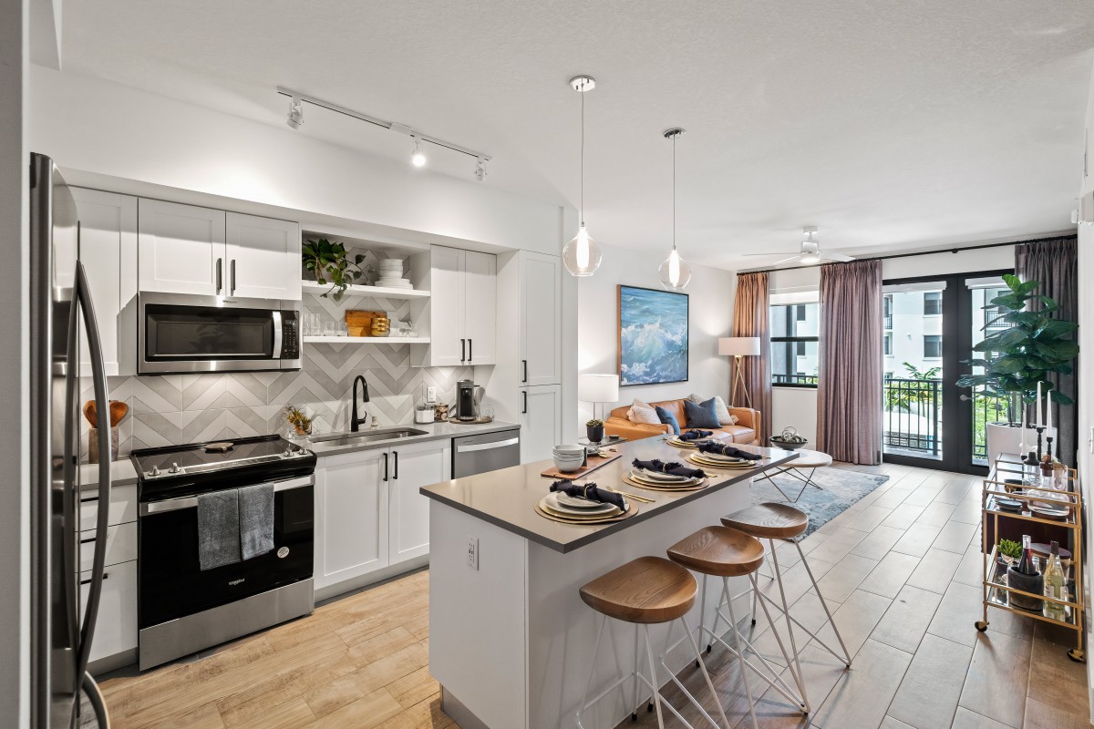 Modern open-concept kitchen and living room in an apartment with sleek design and cozy decor.