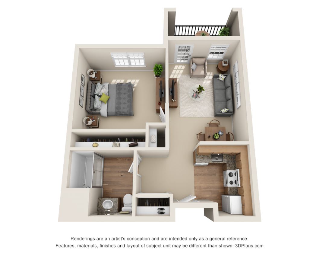 3D floor plan of a one-bedroom apartment featuring a bedroom, living room, kitchen, and bathroom.