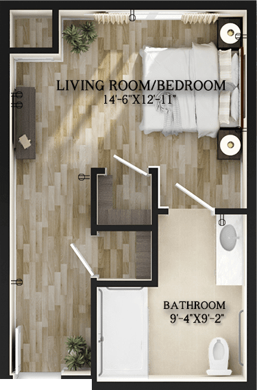 A floor plan of a living room and bedroom combined with an adjacent bathroom.